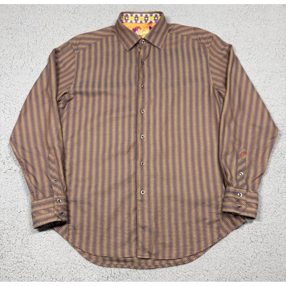 Robert Graham Shirt Mens Large Brown Check Long Sleeve Button Up Silk Trim Woven